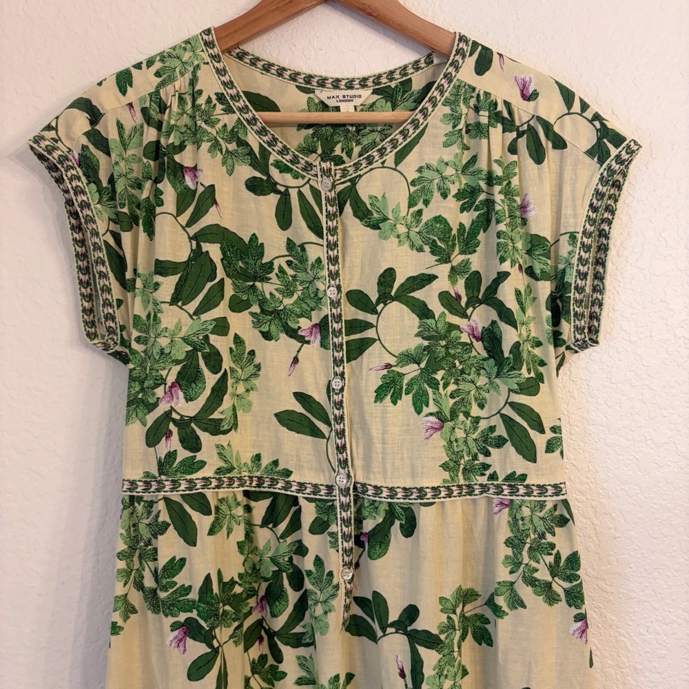Max Studio Linen Blend Midi Dress S Botanical Floral European Summer Tiered - Picture 3 of 12